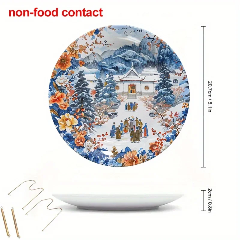 1pc 8-Inch Round Ceramic Hanging Wall Art Plate - Vintage Japanese Pagoda & Cherry Blossoms Winter Scene, Non-Food Contact