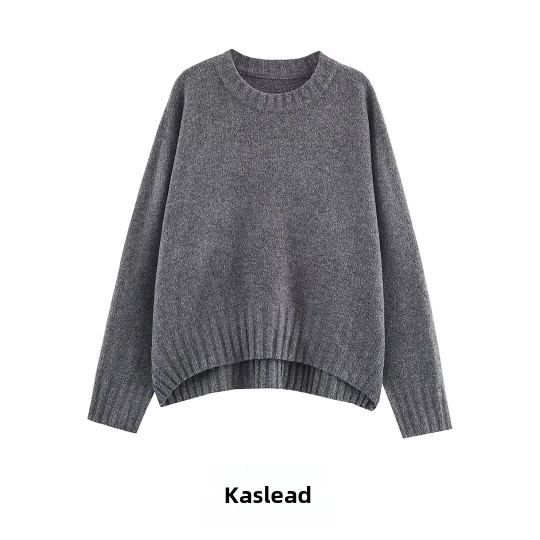 

KASLEAD New Faionable Simple Ribbed Knitwear Women's Long Sve round Ne Polyester Fiber oulder Pad Jaet