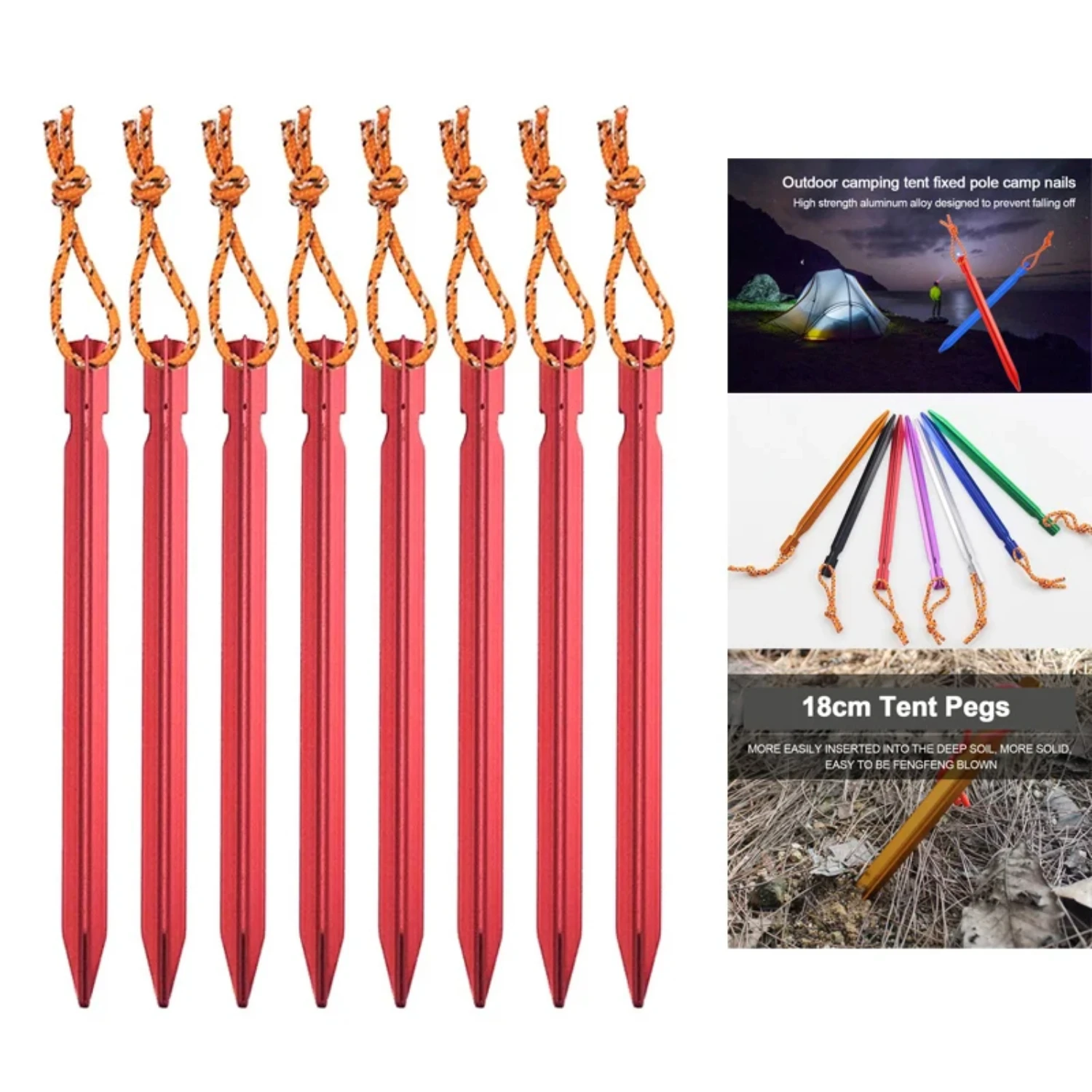 

Durable, Essential Lightweight Aluminum Tent Stakes for Stable Camping and Hiking Ground Anchoring - 18cm Size with Reflective R