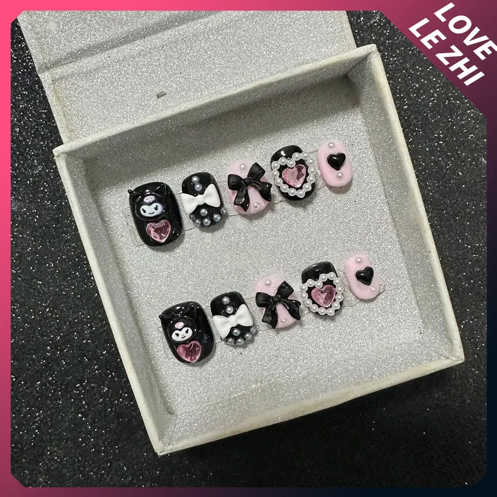 Sanrios Handmade Acrylic Pink Press On Nails Hello Kitty Short Square Circle False Nails Manicure Sweet Cute Tips Art Gift