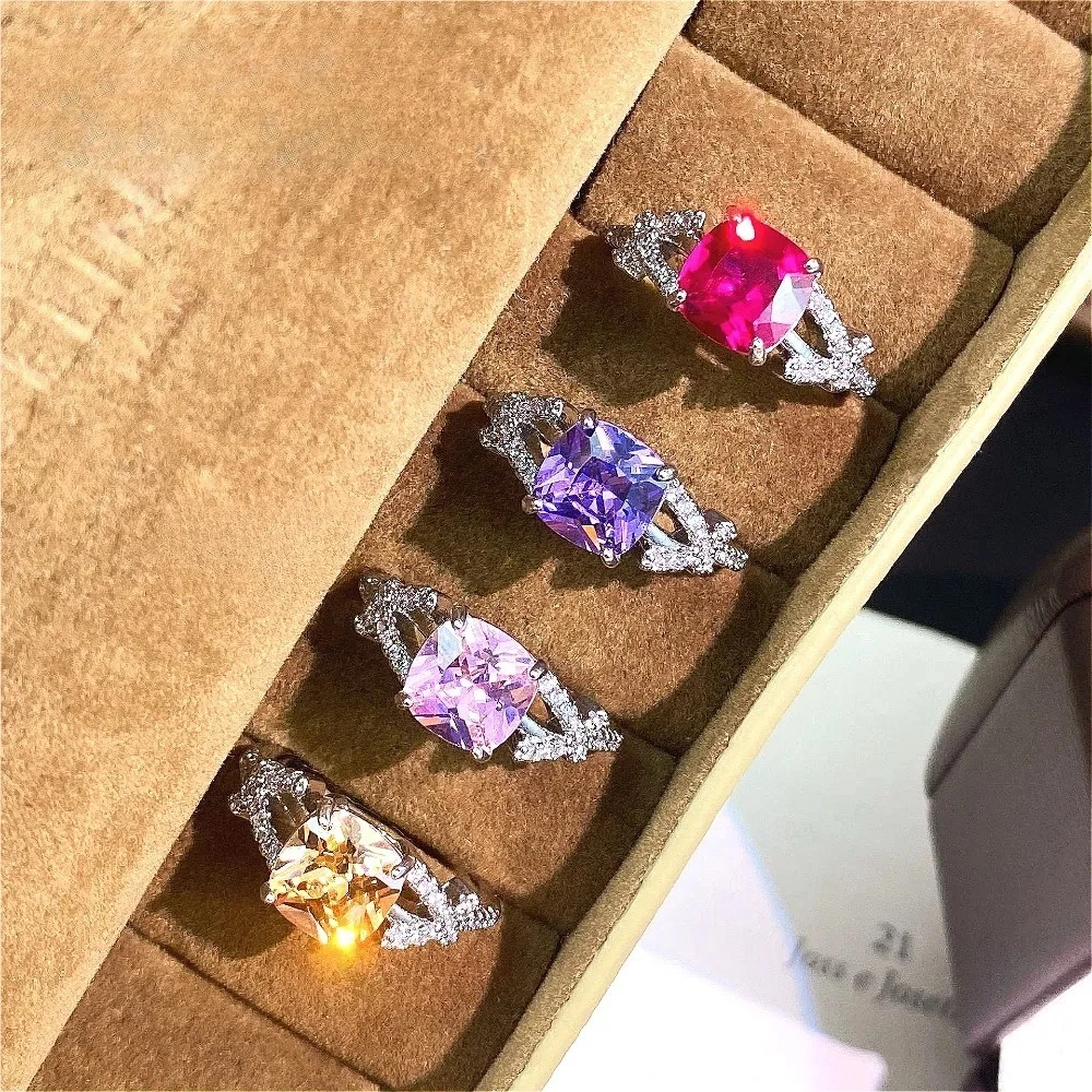 Luxury-Style New 925 Sterling Silver Princess Square Diamond Ring - Diamond Set Bow Ring
