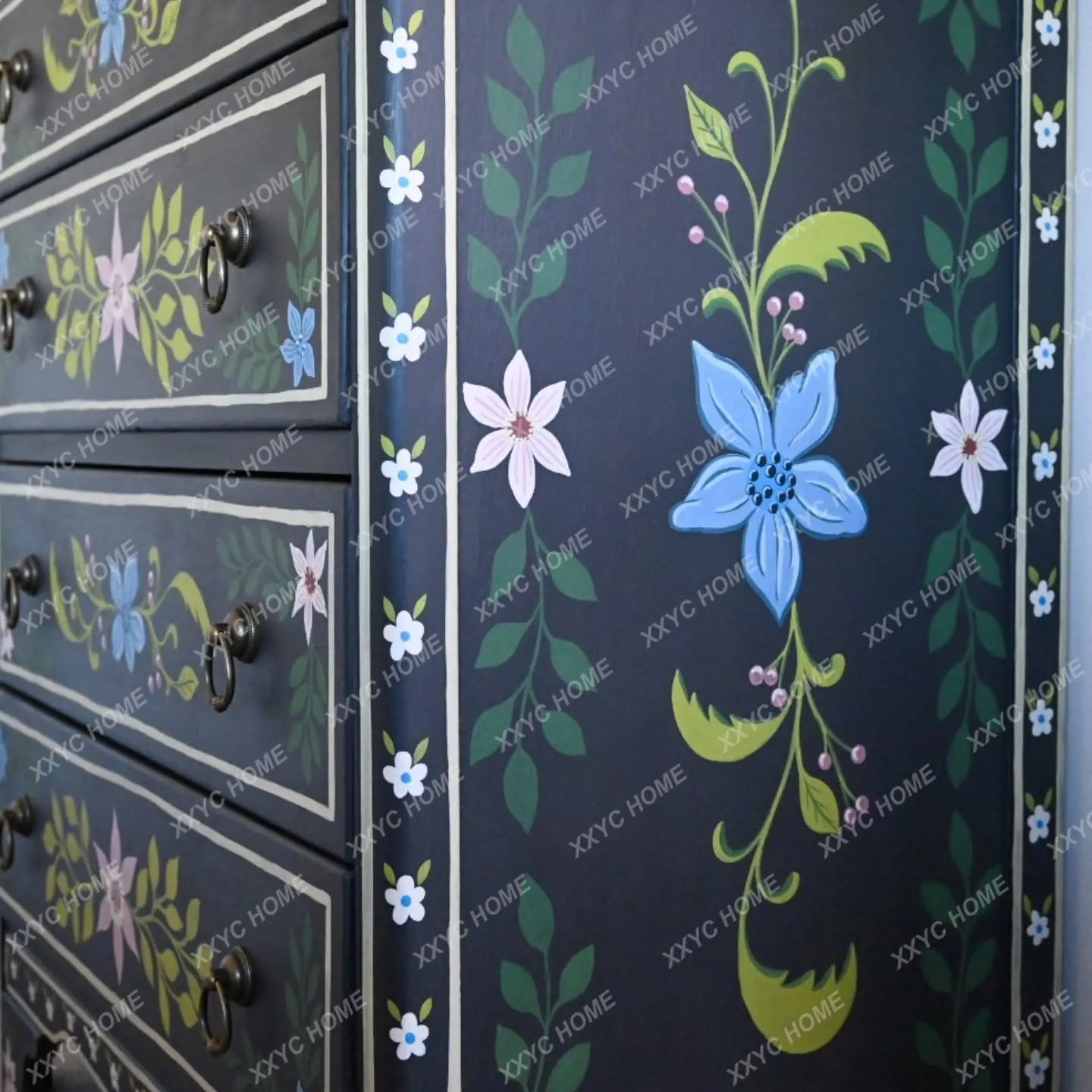 Hand Painted Floral 3 Drawer Chest Colorful Vintage Art Storage Cabinet with Retro Decorative Appeal