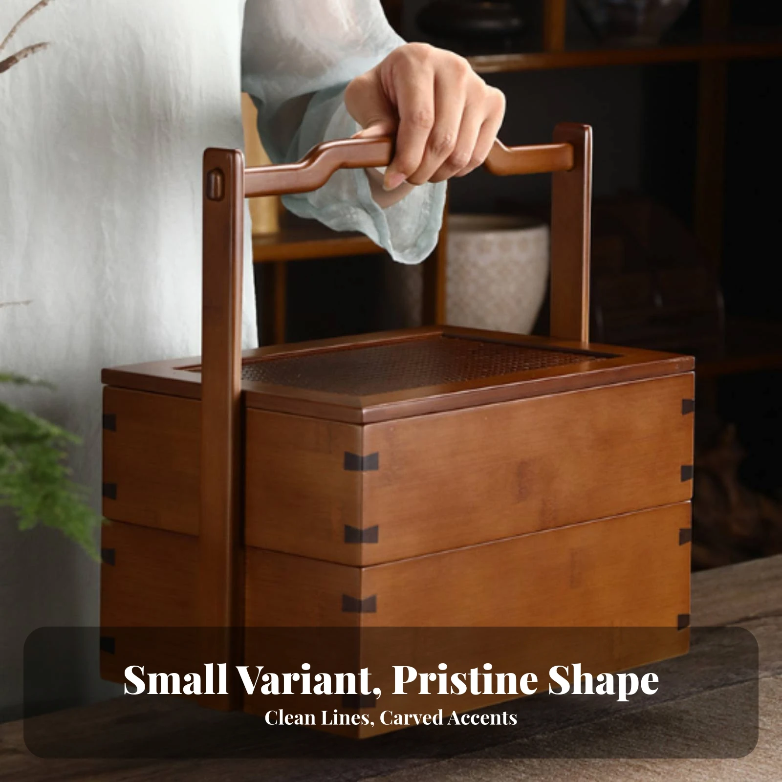 Warm Brown Bamboo Box with Handle Two Tier Food Carrier Traditional Chinese Style for Family Gatherings