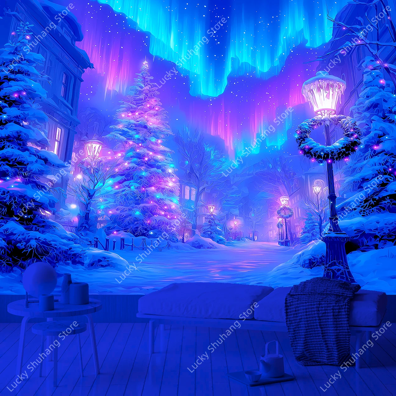 Magical Northern Lights UV Tapestry Snowy Street with Christmas Tree and Cozy European Houses Winter Wall Decor for Living Room