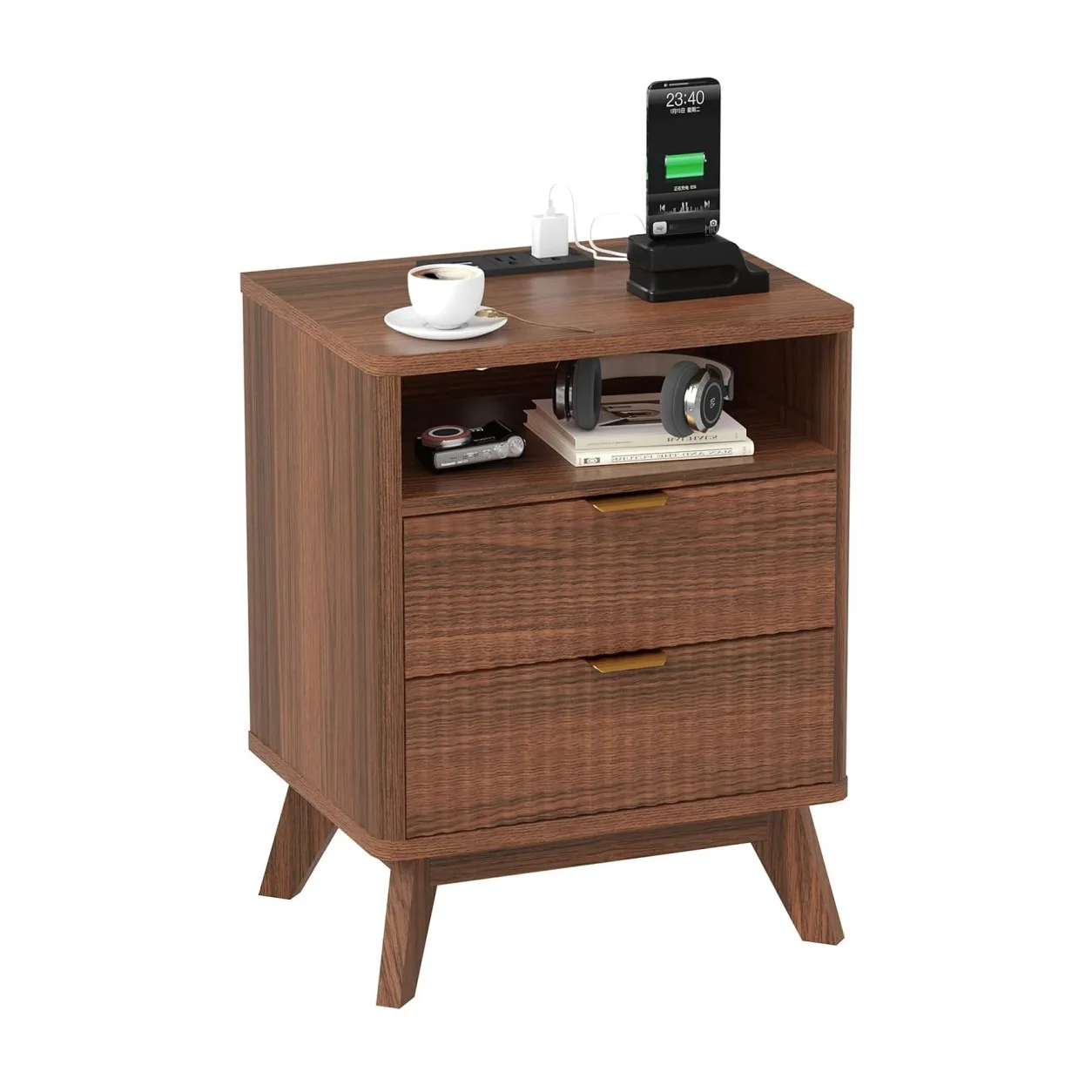 Walnut Nightstand with Drawer and Open Shelf USB Charging Station Bedside Table with AC Outlets Fluted Wood Side Table Storage Cabinet for Bedroom Living Room Sofa 9