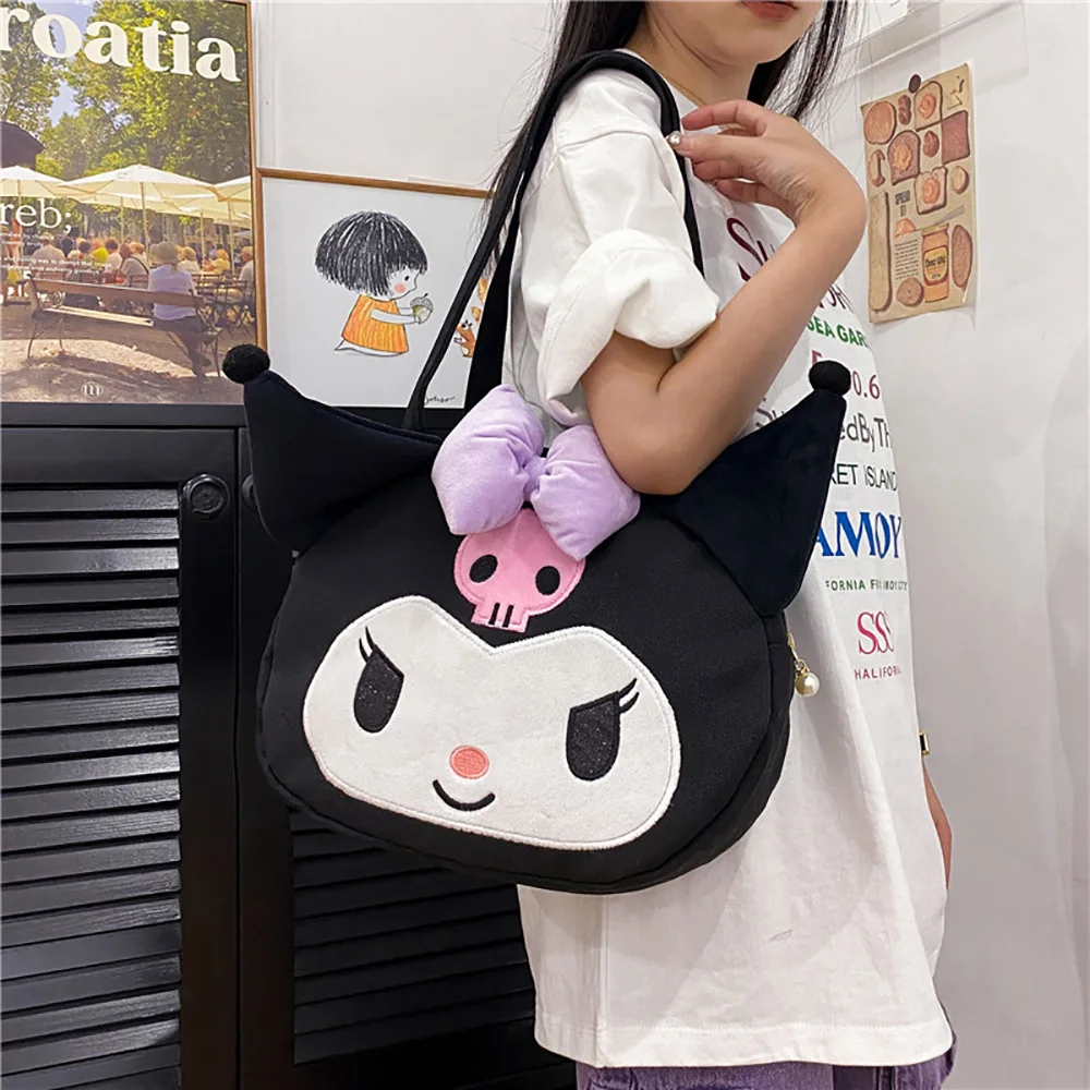 Kuromi Canvas Shoulder Bags Sanrio Anime Handbags Cute Cartoon Plush Bags Large Capacity Tote Female Casual All-Match Backpacks