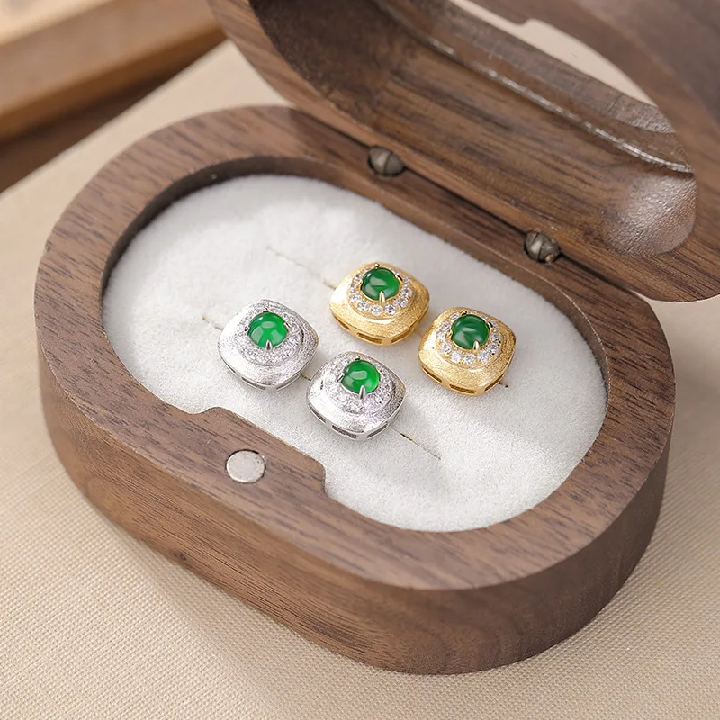 

S925 Sterling Silver Gold-Plated Green Jade Geometric Square Round Bead Stud Earrings