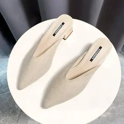 2024Knitted Elastic Mesh Pointed Toe Slippers Women New Summer Shoes Fashion Shallow Mid Heel Female Shoes Square Heel Mules