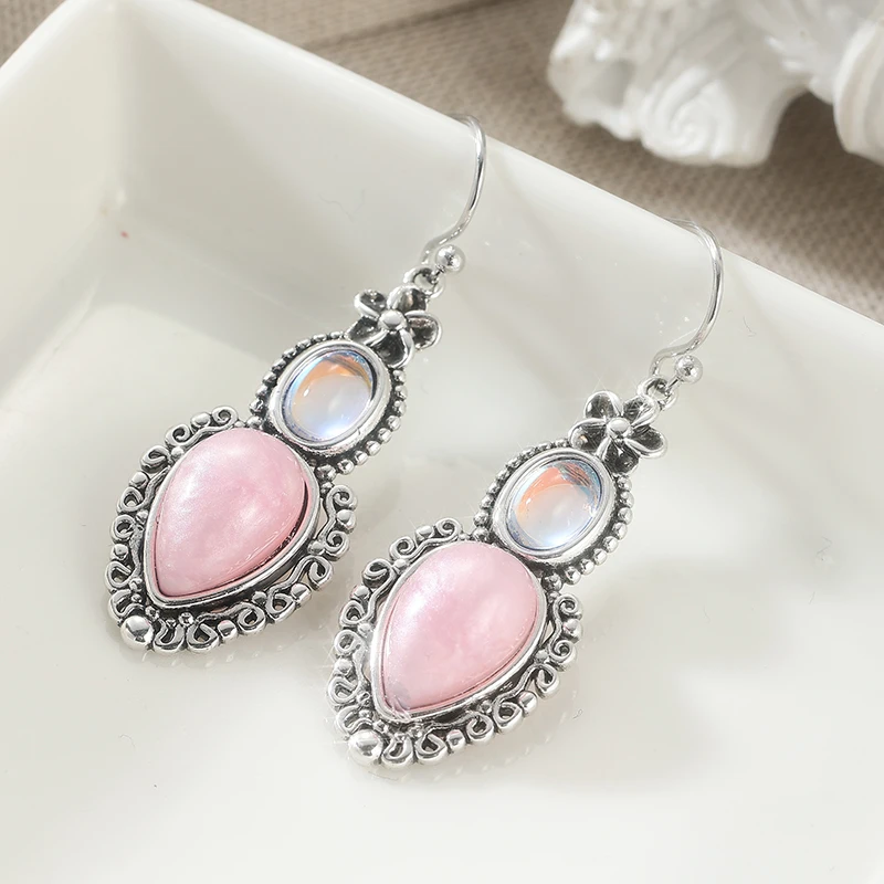 Bohemian Style Silver Edge Inlaid Teardrop Earrings Women Vintage Charm Earrings Daily Casual Vacation Jewelry