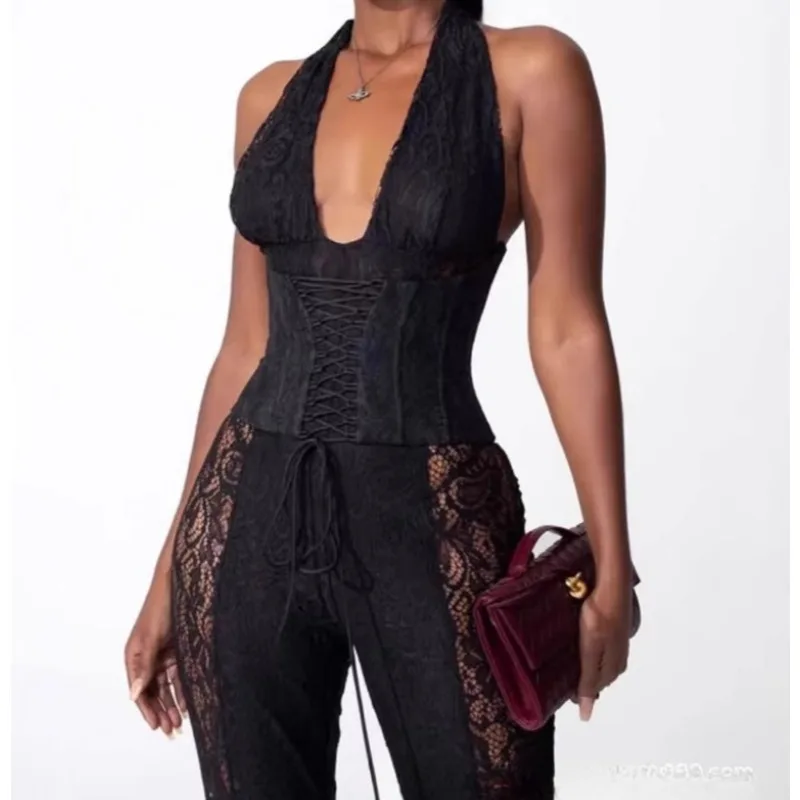 

2026 new temperament neck black V-neck jumpsuit stitching lace horn trousers