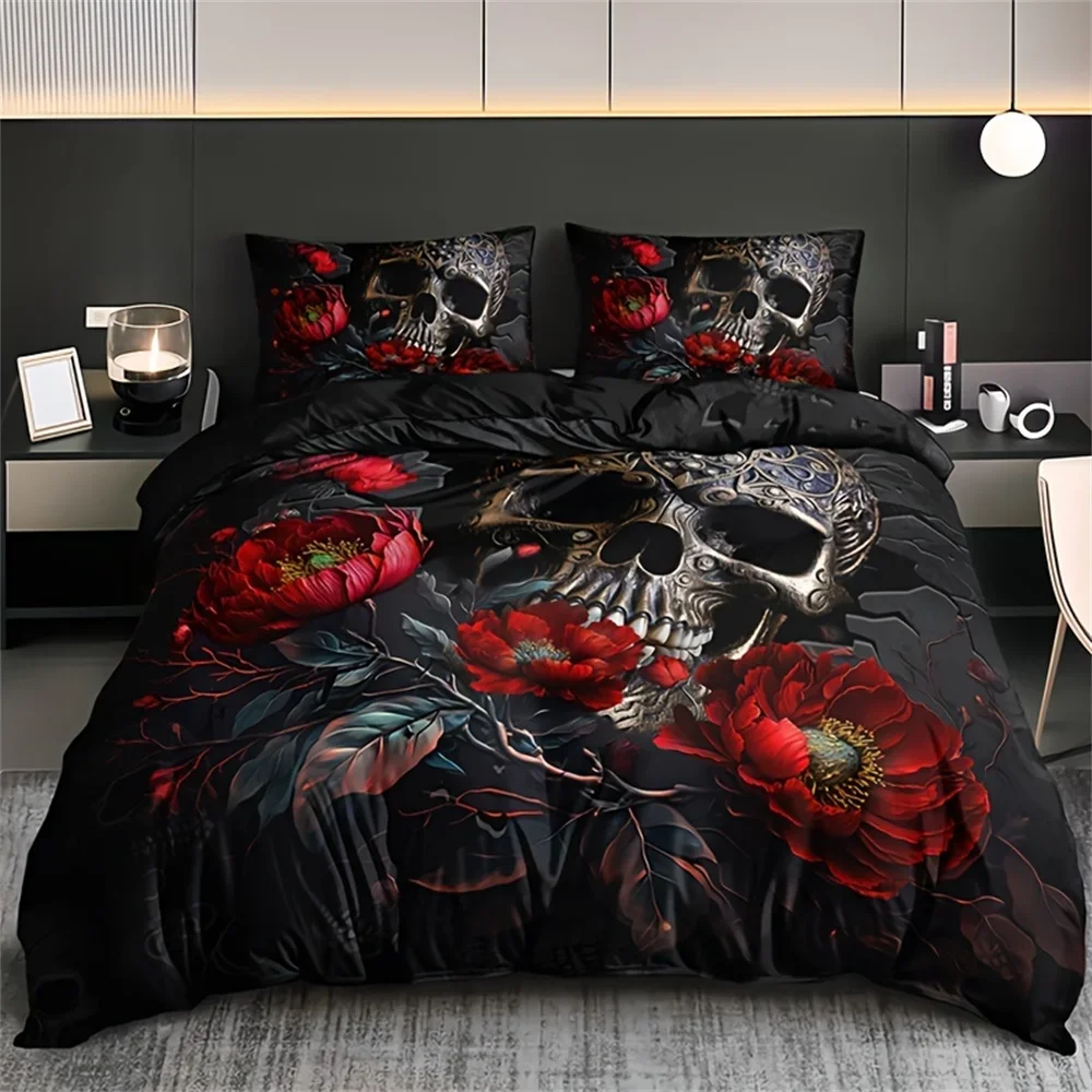 

3-Piece Gothic Skull Floral Duvet Cover Set - Soft Breathable HD Printing Bedding for Home Dorm Decor - Halloween Themed, Comfor