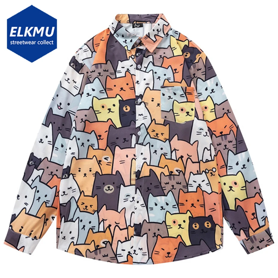 

Cartoon Cat Shirts Men's Japanese Harajuku Loose Long Sleeve Shirts Oversized Harajuku Button Up Blouse Tops