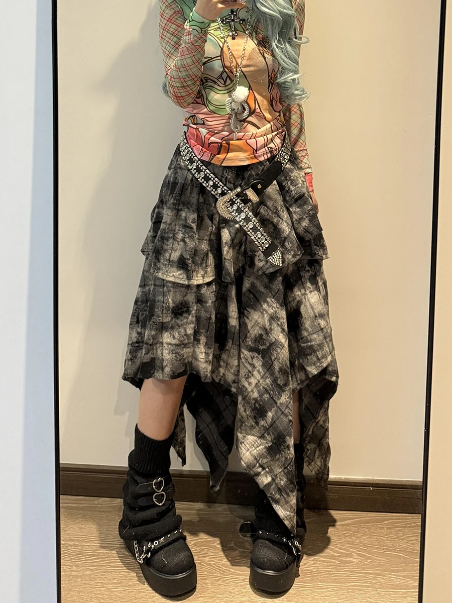 ReddaChic Punk Retro Tartan Taart Rok Plaid Tie Dye Elastische Taille Tiered Ruffle Onregelmatige Lange Rok Vrouwen Harajuku Streetwear