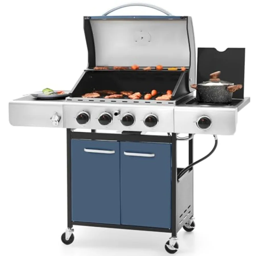 

Outdoor 4-Burner Gas BBQ Grill with Side Burner and Porcelain-Enameled Cast Iron Grates 42 000BTU Propane Grills Cabinet Style