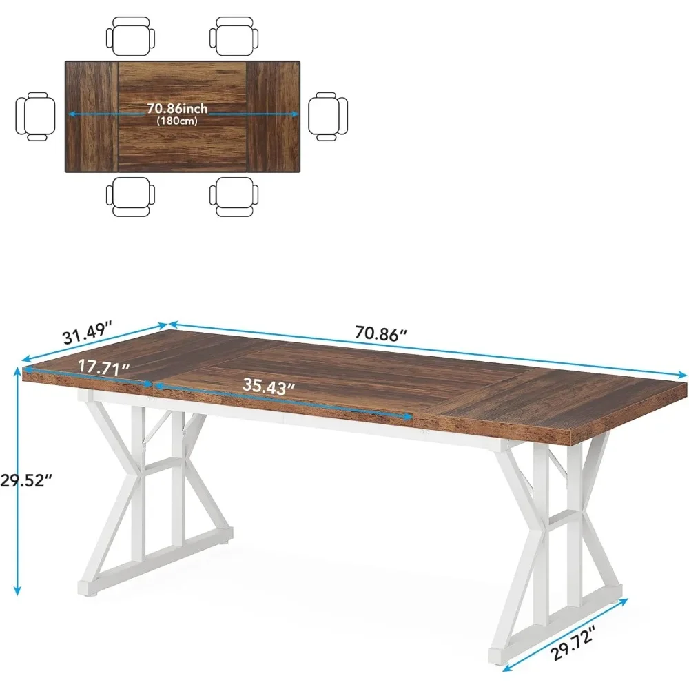 Rustic Kitchen Table with Heavy Duty Metal Legs fFarmhouse Dining Table for 6 People, 70.8-Inch Rectangular Wood Dining Table