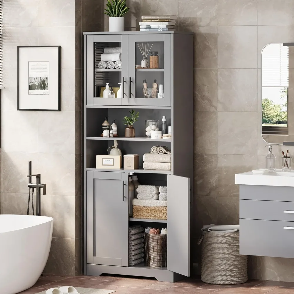 

Tall Bathroom Cabinet, Freestanding Bathroom Storage Cabinet with Glass Doors and Adjustable Shelves, 67" Cupboard