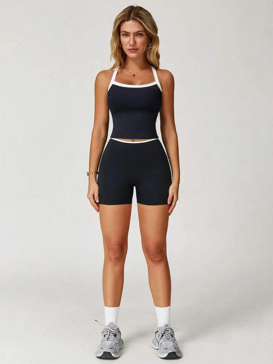 

Womens 2 Piece Sports Set Yoga Workout Outfit High Elasticity Breathable Black Summer