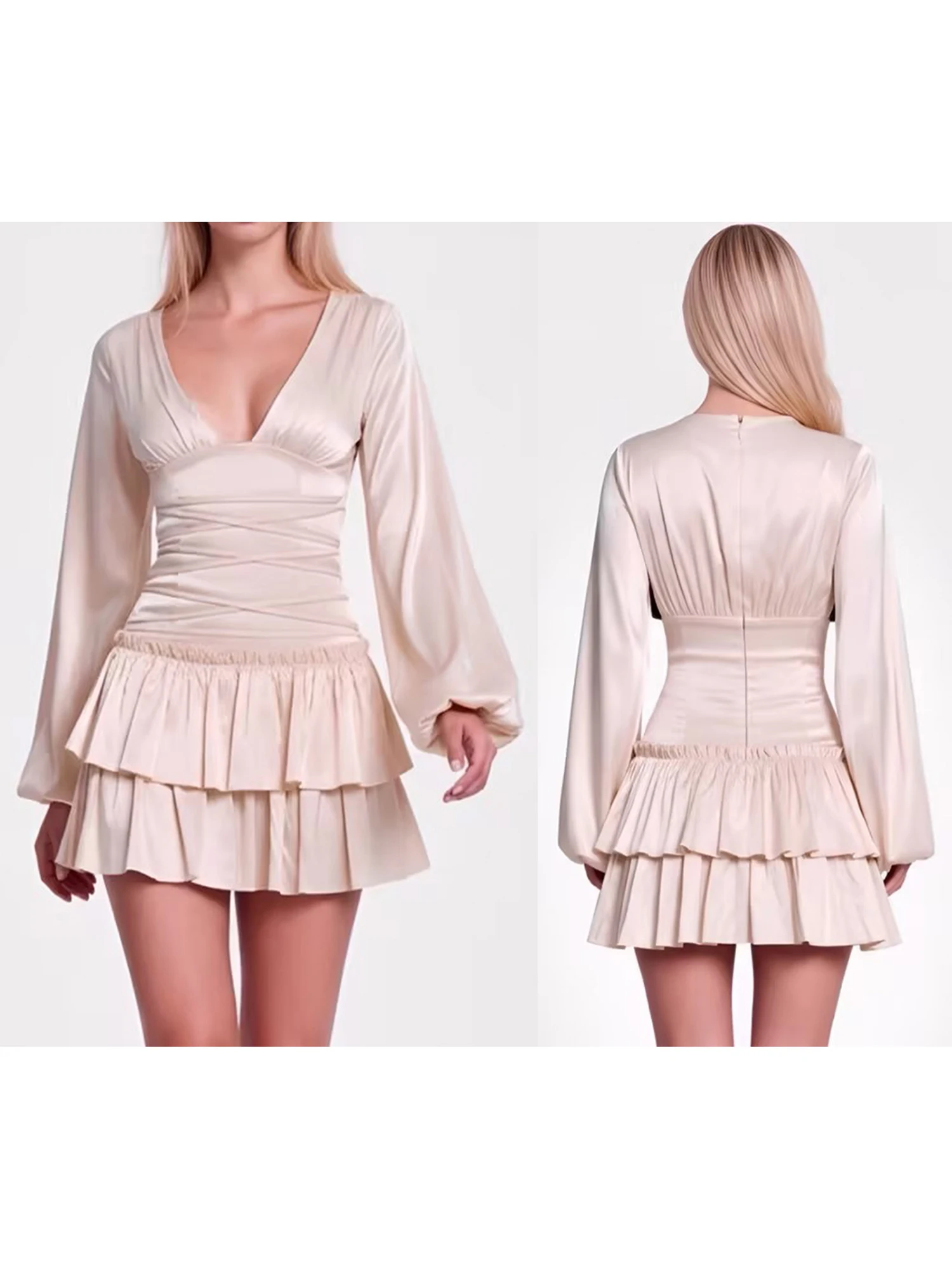 Minivestido feminino elegante com mangas largas e decote em V profundo, perfeito para uso diário e festas com camadas