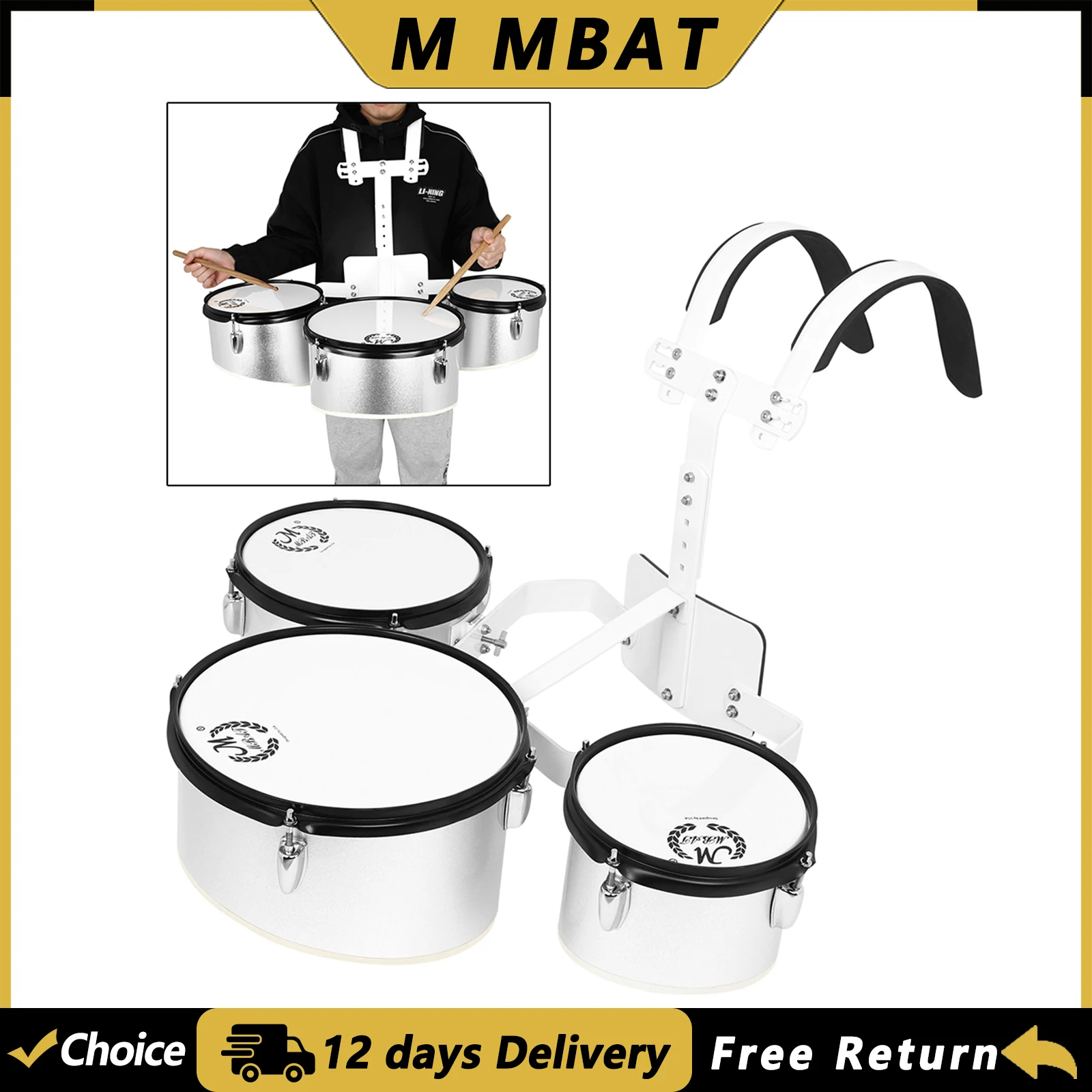 M MBAT Marching Triple Drum Triptych Drums Band Polyphonic Drum with Back Frame Adults Practice Drums Percussion Instruments