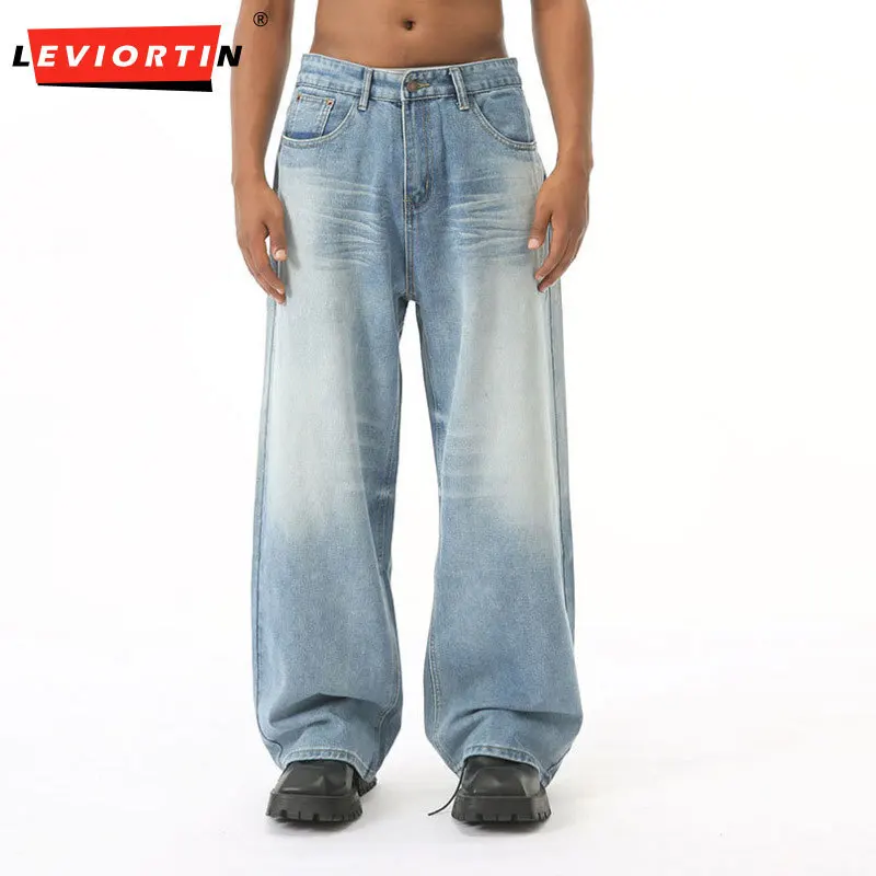 تصميم بنمط هونج كونج الجديد للرجال من فور سيزونز بتصميم كلاسيكي مصقول باللون الأبيض المغسول، جينز كاجوال فضفاض مستقيم الساق #1