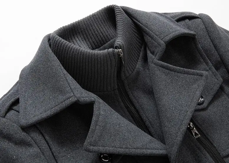 New Autumn Winter Wool Coat Men Fashion Double Collar Thick Jacket Single Breasted Trench Coat Men Casual Wool Blends Overcoats