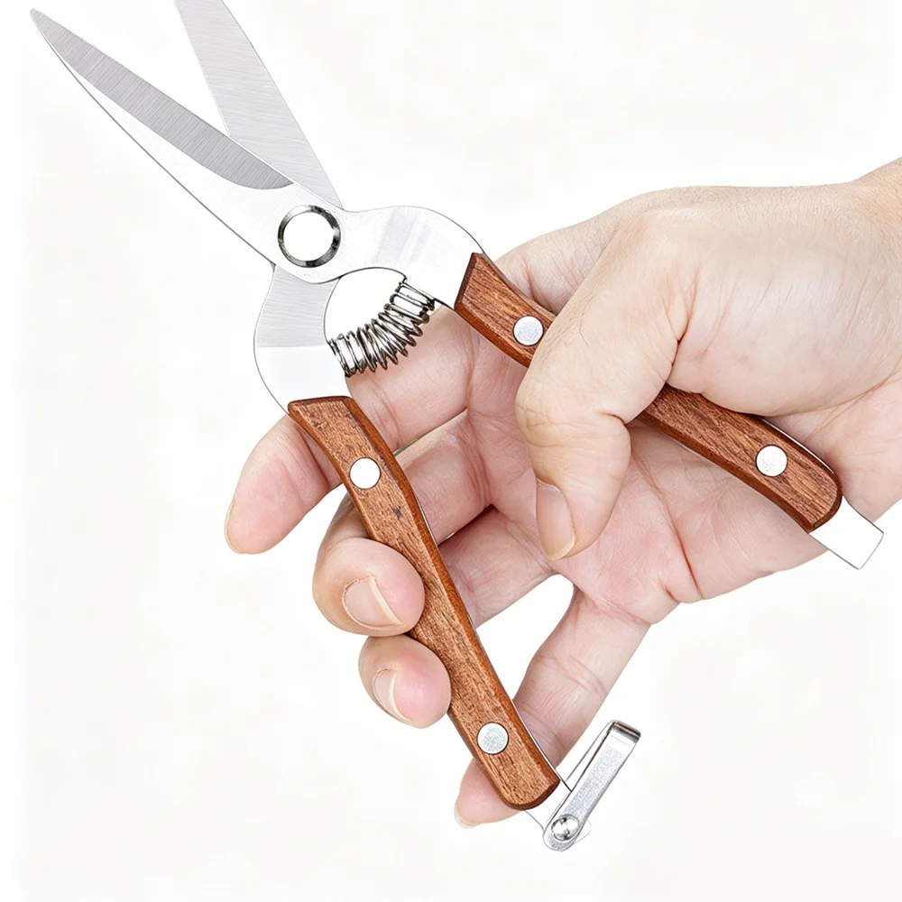 19cm Straight Blade Garden Pruning Shears, Solid Wood Non-slip Handle Manganese Steel Scissors for Fruit Picking and Grafting