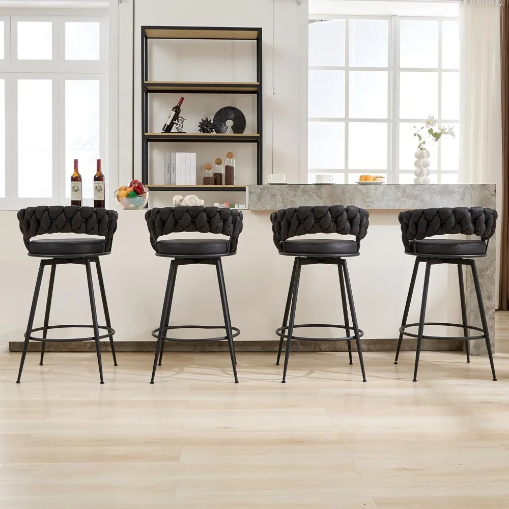 

Swivel Black Bar Stools Set of 4, 28 Inches Modern Counter Height Bar Stools with Woven Back, Upholstered Suede Tall Barstools f