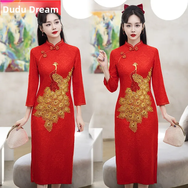 

Large Size Autumn Winter Phoenix Embroidered Wedding Dress Chinese Midi Skirt for Brides Returning Home after Marriage