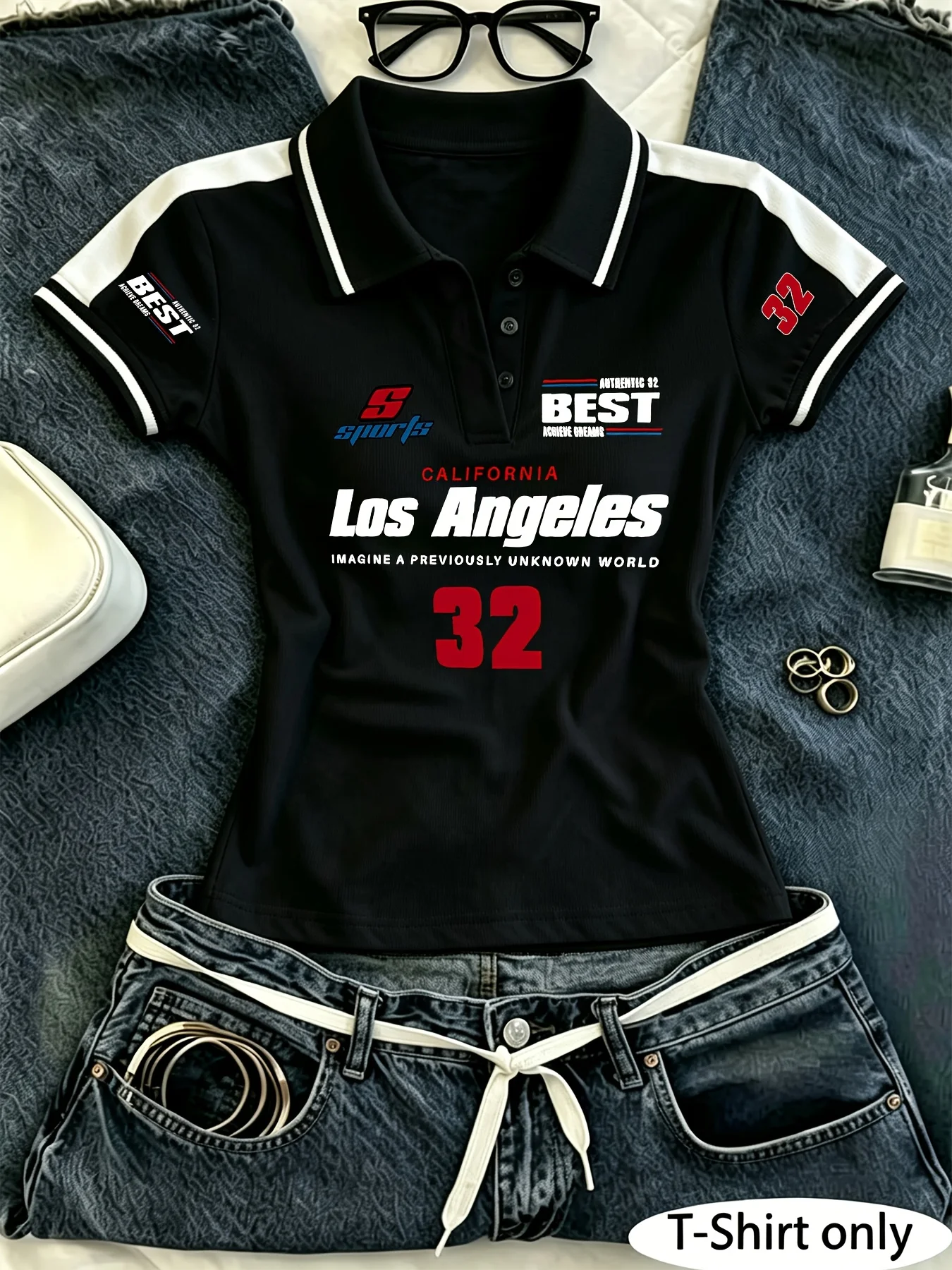 Women’s Y2K Cropped Polo Shirt, Los Angeles California Racing Number 32 Multi‑Print Contrast Stripe Short Sleeve