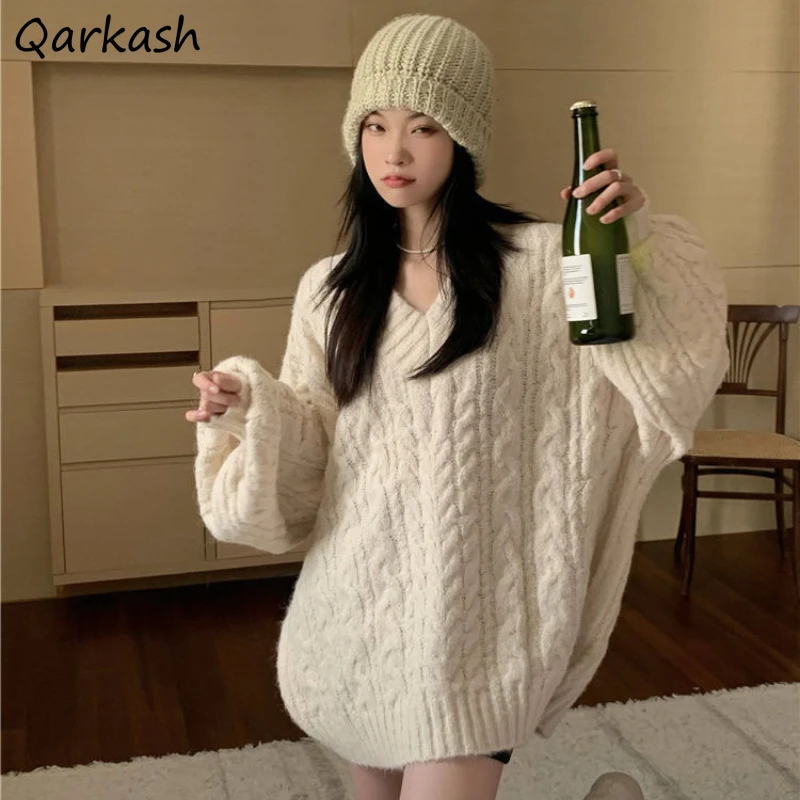 Pullovers Women Baggy Pure Color Long Sleeve Harajuku Sweet Students Fashion All-match Ulzzang Knitting Autumn Popular Ladies