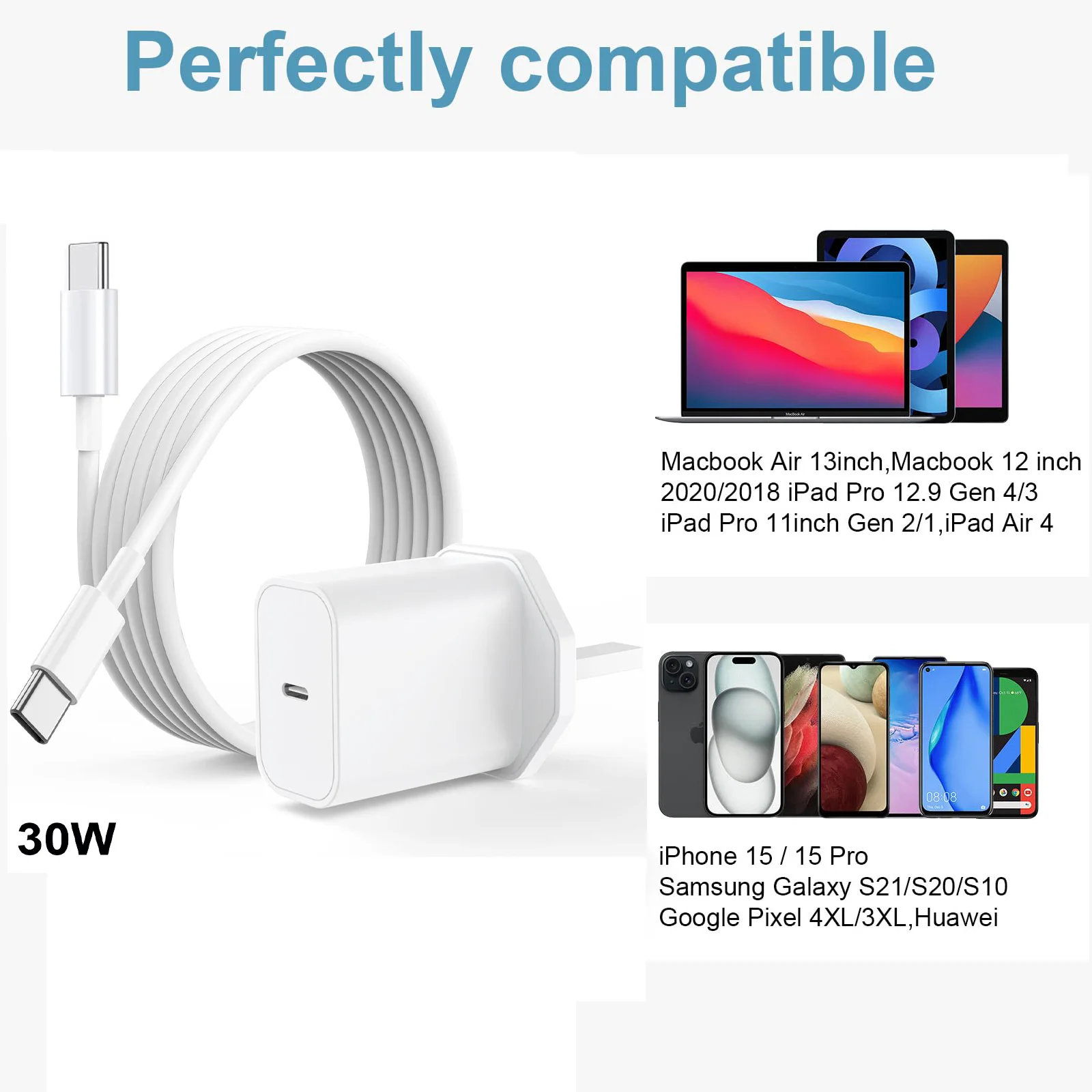 PD 30W Fast Charging UK Charger Plug with C to C Cable for iPhone 15 16 Samsung XiaoMi