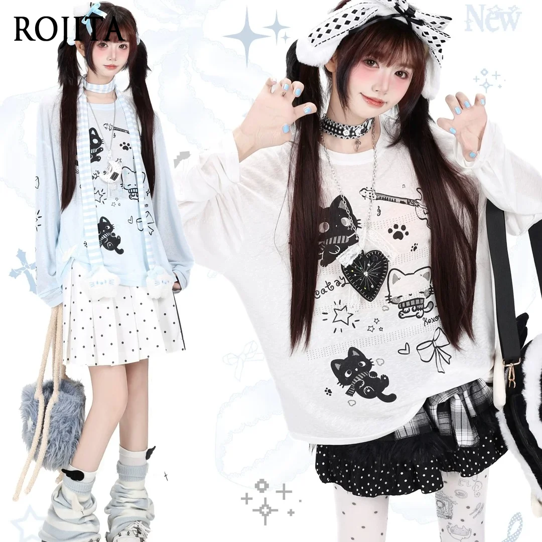 Kawaii Cartoon Cat Print Long Sleeve T-Shirt Women Y2K Bow Star Graphic Top Casual Round Neck Light Blue Tees