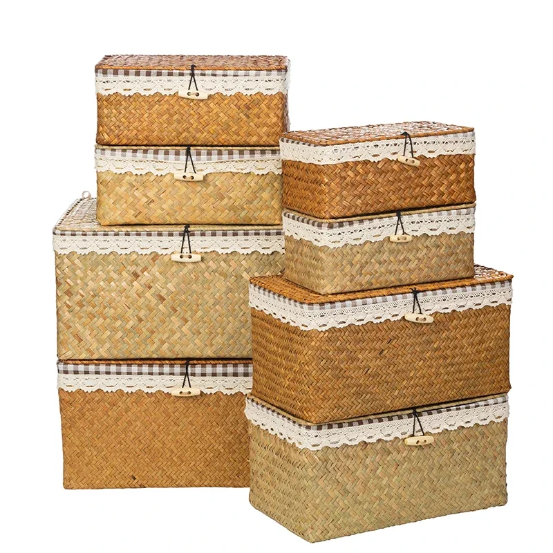 Wicker Basket with Lids Nautral Seagrass Storage Box Basket Woven Rectangular Bins Container Rattan Cosmetic Storage Container