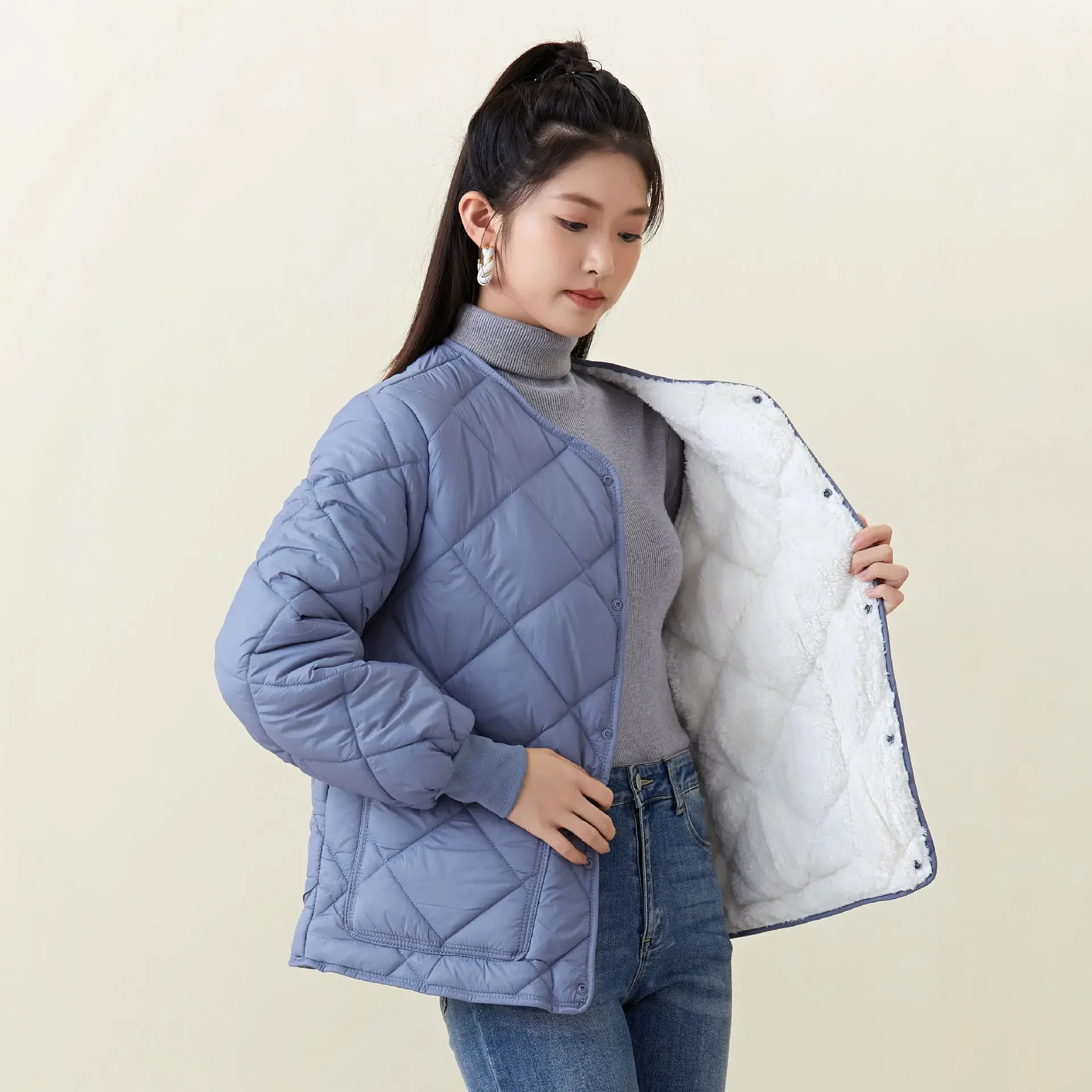 Ladies Winter New Fashion Thin Solid Color Loose Warm Padded Jacket, Casual Fleecing Single-breasted Jacket with Pockets Women