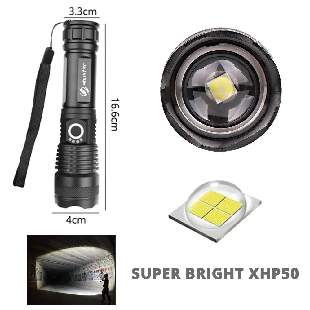 Torcia da campeggio con torcia a LED ad alta potenza con 4 Core P50 lampada con perline Zoomable 5 modalità di illuminazione uso di lega di