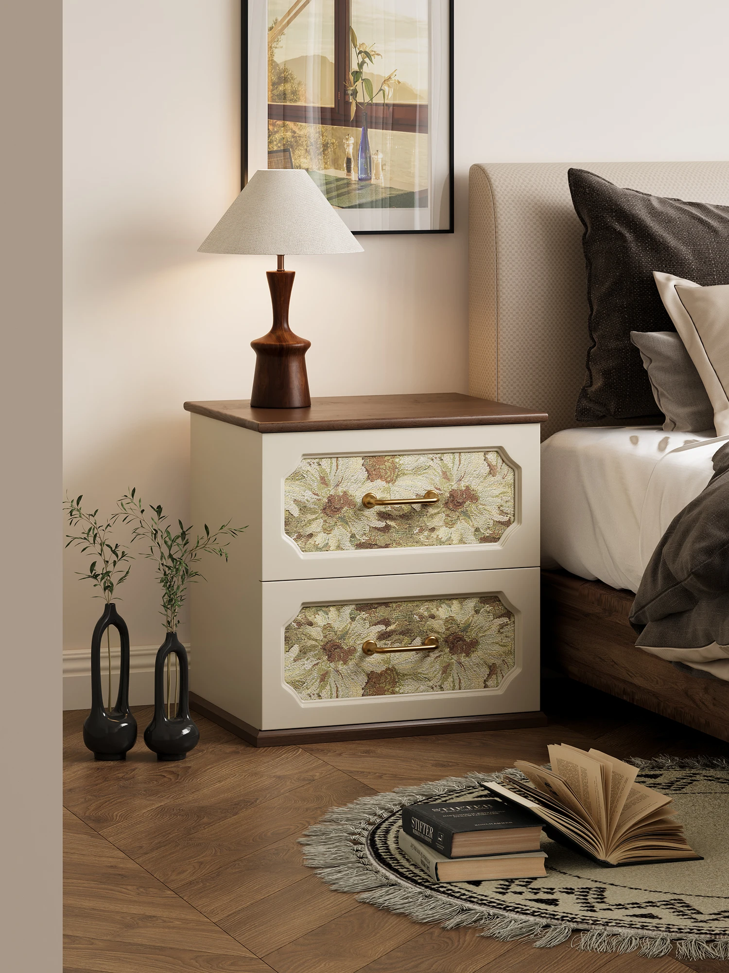 

Gu and medieval printed drawer bedside table solid wood household bedroom bedside table small storage rack edge few