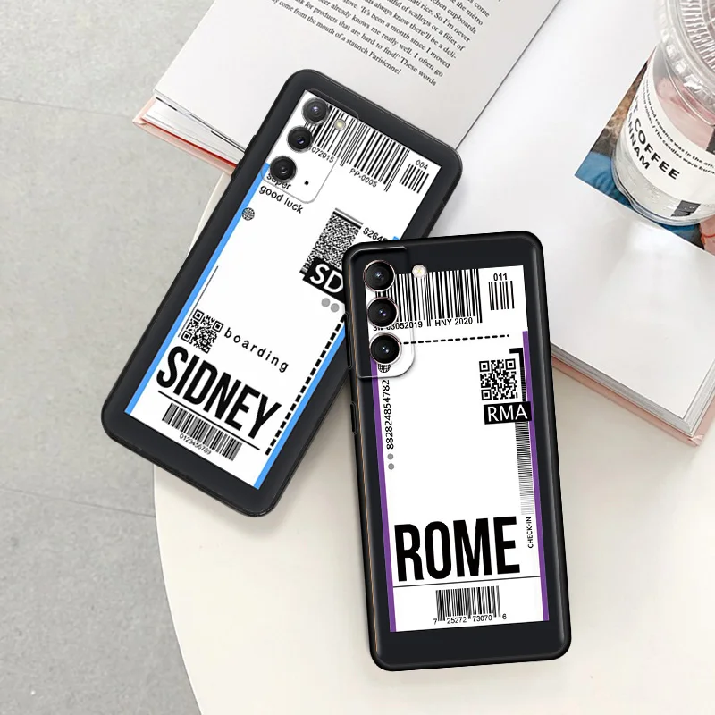 Matte Phone Case for Samsung S24 Ultra S23 FE S22 S21 S20 S10 S9 Note20 Rome SIDNEY Travel Ticket Label Black Cases Funda Shell