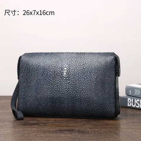 Authentic Pearl Fish Skin Pattern Password Code Men's Wristlets Bag Exotic Stingray Leather Printed Male Black ZIP Clutch Purse