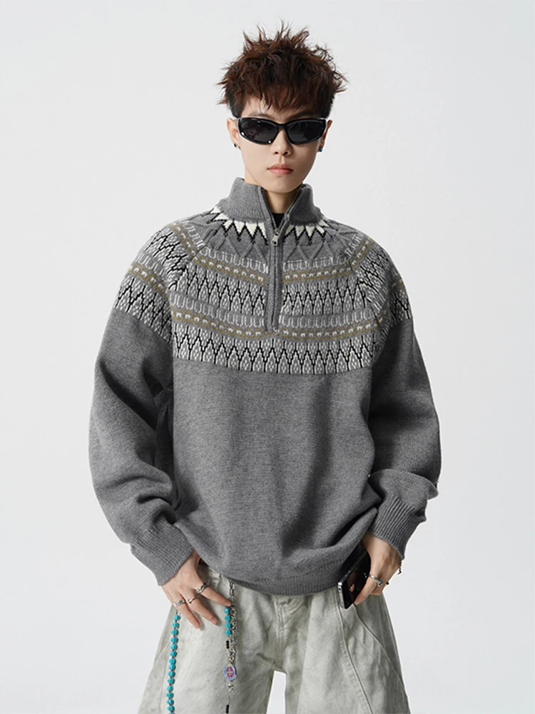 

Мужской вязаный свитер в стиле ретро с узором «Фэр-айл», утепленный, свободный крой, большой размер, с высоким воротником, осенне-зимний базовый слой