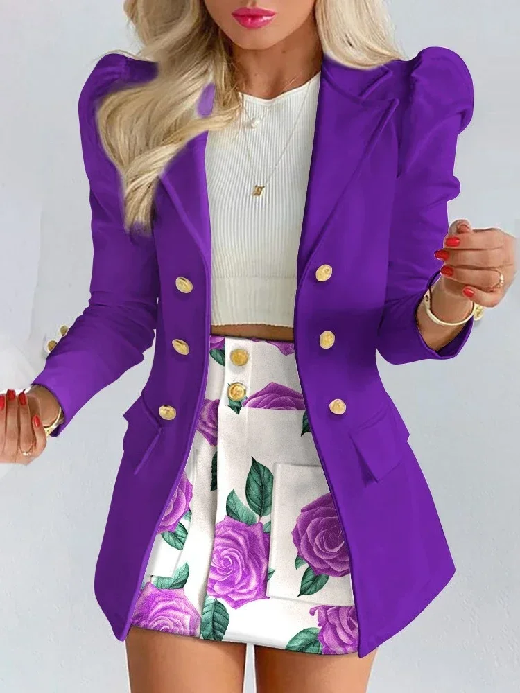 Blazer de manga comprida e conjunto de vestido feminino, jaqueta com minissaia, monocromática, terno de duas peças, primavera