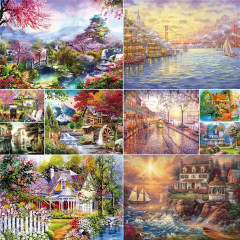 Cartoon House Landscape Pre-Printed Cross Stitch Embroidery Full Kit Sewing Handicraft Knitting Needlework Design Gift Wholesale