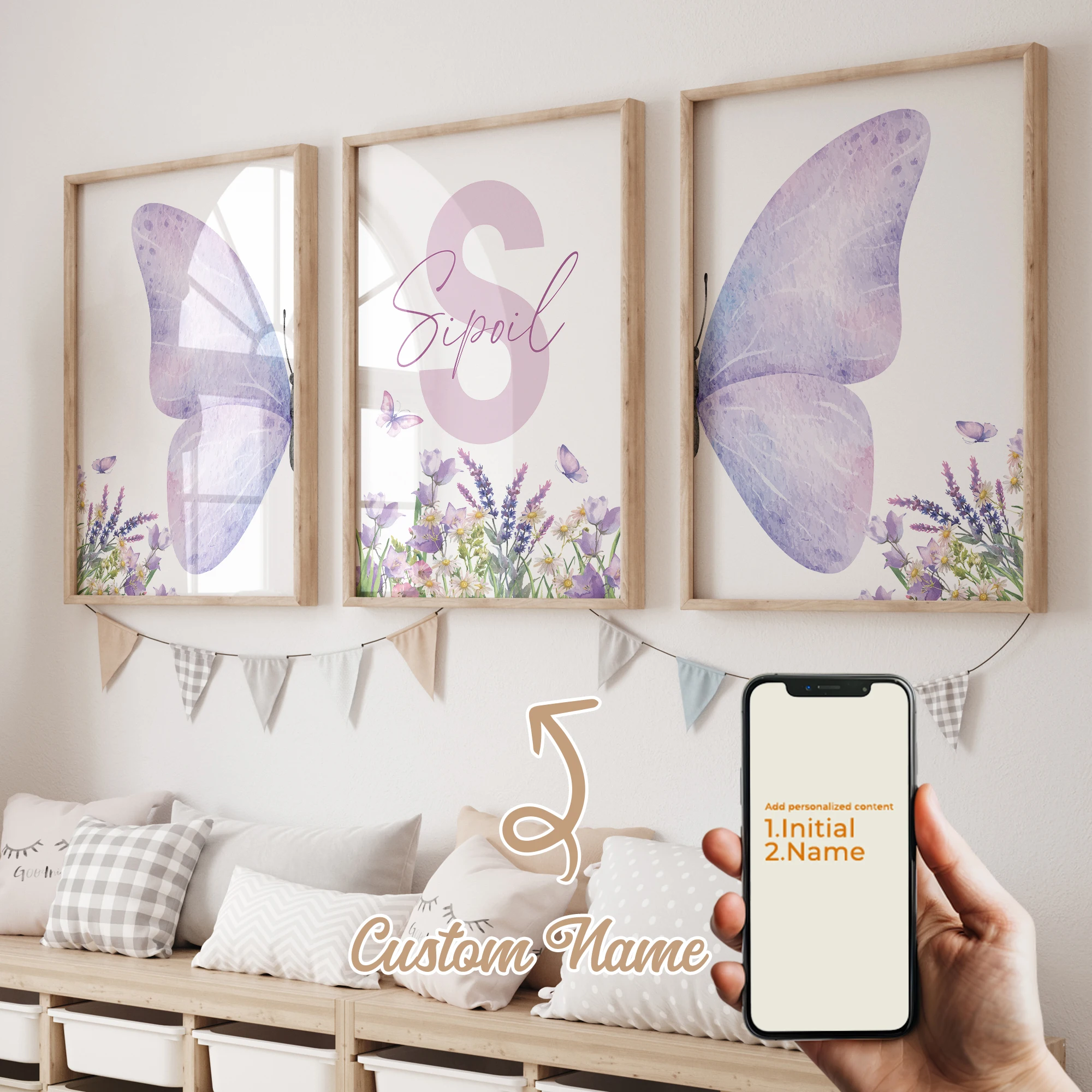 3 stücke Personalisierte Benutzerdefinierte Name Cartoon Schmetterling Wand Kunstdruck Bild Leinwand Poster Malerei Für Wohnzimmer Kind Zimmer Wohnkultur