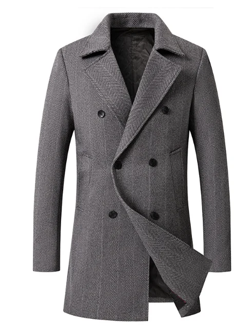 Autumn and winter new men's wool coat European size medium long plaid double-breasted wool coat  size 2XL