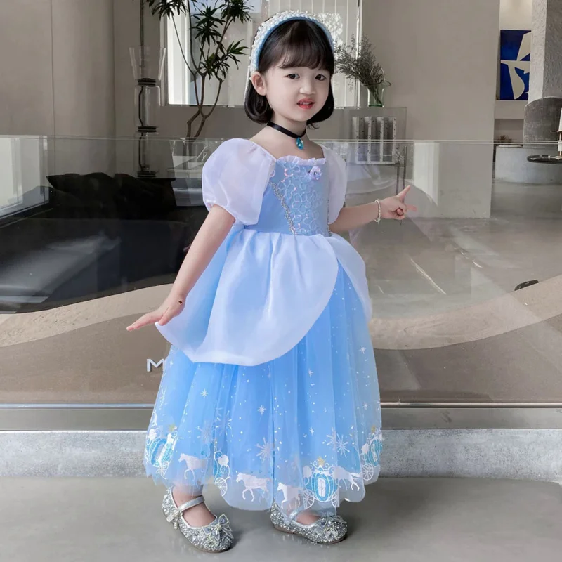 Girls Cinderella Dress Haloween Cosplay Costume with LED Lights Princess Accessories Kids Birthday Party Christmas Evening Dress