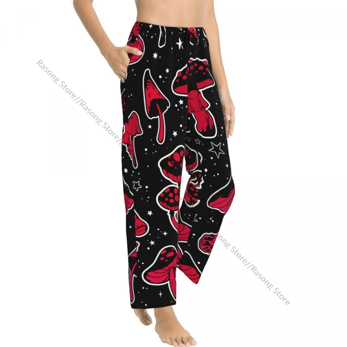 Women Flannel Lounge Pants Soft Red Fly Agarics Mushroom Pajama Pants Winter Sleepwear