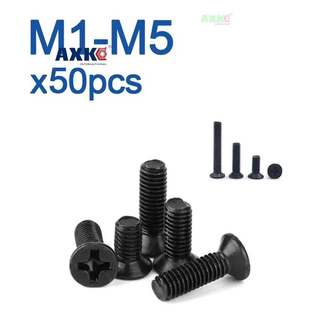 50pcs/lot  M1 M1.2 M1.4 M1.6 M1.7 M2 M2.5 M3 M3.5 M4 M5 KM Mini Small Black Steel KM Phillips Flat Countersunk Head Screw Bolt