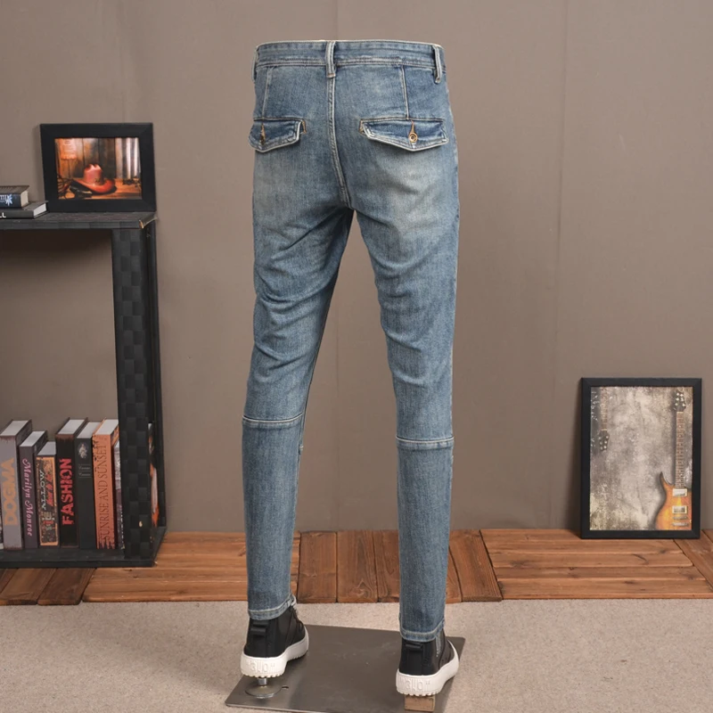 Streetwear Fashion Men Jeans Retro Blue Stretch Slim Ripped Jeans Men Trousers Zipper Designer Hip Hop Denim Biker Pants Hombre