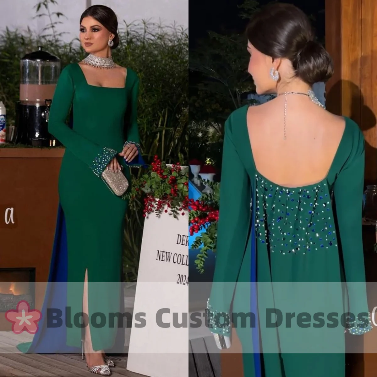 

Blooms Green Crepe Contrast Blue Evening Dress Long Sleeve Backless Crystal Back Train Formal Party Gown Wedding Prom Dress