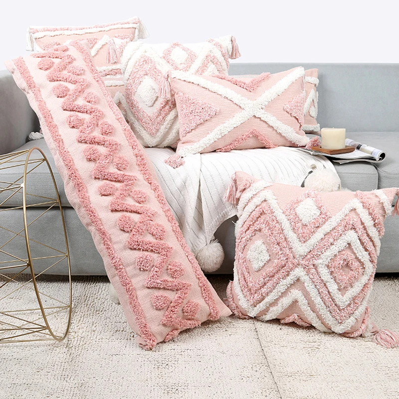 

Pink Geometric Tufted Bohemian Pillow Covers Tassels Lengthen Bedroom Sofa Pillow Case For Living Room Sofa Home Decoration