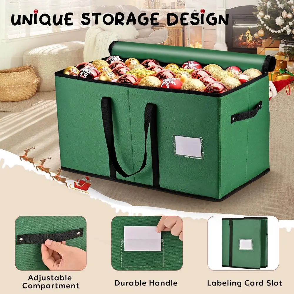 منظم زينة عيد الميلاد باللون الأخضر مكون من 8 صواني - يحمل 128 زينة، 3 بوصة، إغلاق بسحاب مزدوج، صندوق تخزين متين 600D